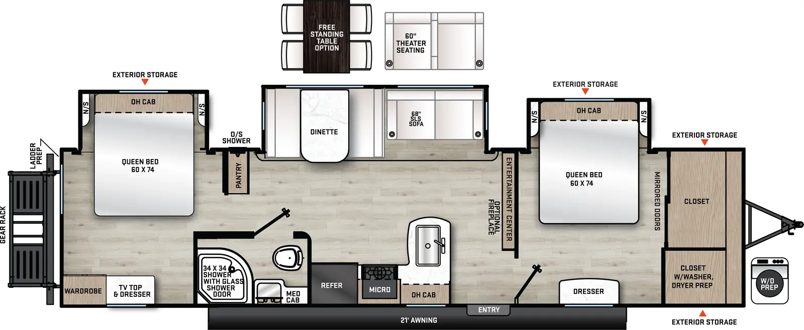 The 343BHTS2QB has three slide outs and one entry. Exterior features a 21 foot awning, front exterior storage, outside shower, and rear cargo rack. Interior layout front to back: closet with washer/dryer prep, off-door side queen bed slide out with overhead cabinet and night stands on each side, and door side dresser; entertainment center along inner wall; off-door side slide out with sofa and dinette, and wardrobe; door side entry, peninsula kitchen counter with sink wraps to door side with overhead cabinet, cook top, microwave, and refrigerator; door side full bathroom with medicine cabinet; rear bedroom with off-door side queen bed slide out with queen bed, overhead cabinet and night stands on each side, and door side cabinet, and wardrobe. Optional free standing dinette available in place of standard dinette. Optional fireplace available on living room entertainment center.
